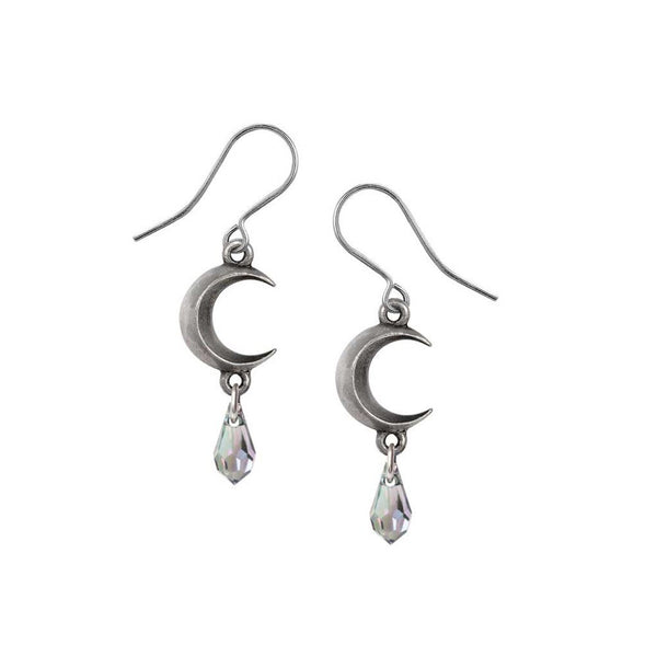 Alchemy Gothic E477C Moon Crystal Earrings Iridescent Tear Drop Crescent Dropper