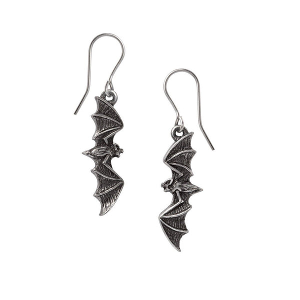 Alchemy Gothic E470 - Nightflight Earrings ￼Silver Color Bat Droppers Wings