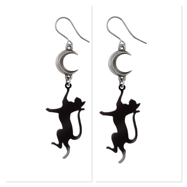 Alchemy Gothic E468 Feline Moondream Earrings Black Cat Silver Moon