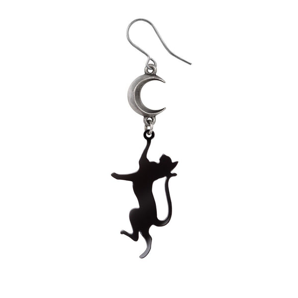 Alchemy Gothic E468 - Feline Moondream Single Earring Black Cat Silver Moon