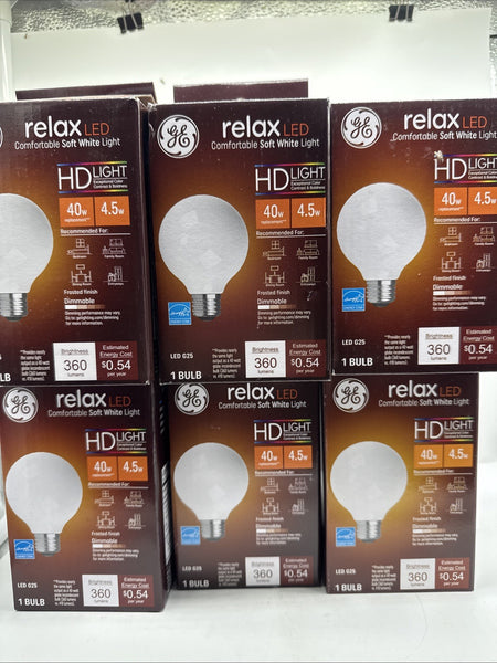 (6) GE 40w/4.5w Relax LED Light Bulbs  Soft White HD Dimmable LED G25