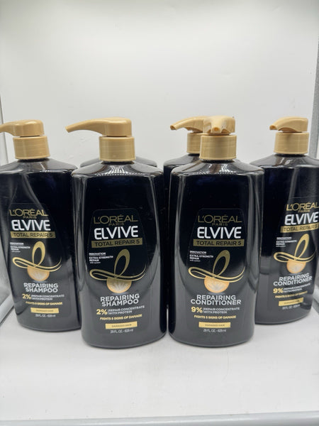 (6) L'Oreal Elvive Total Repair 5 Shampoo & Conditioner Damage Hair Pump 28Oz