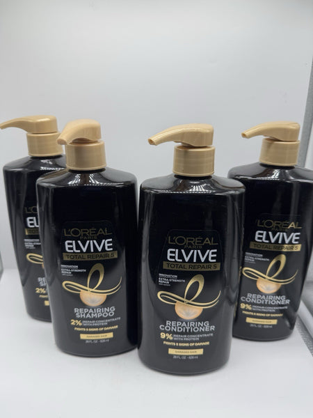(4) L'Oreal Elvive Total Repair 5 Shampoo & Conditioner Damage Hair Pump 28Oz