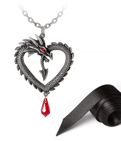 Alchemy Gothic P968 Vouivre Necklace Pendant Dragon Heart Red Crystal Valentine