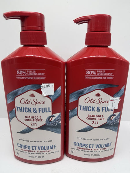 (2) Old Spice Mens 2 in 1 Shampoo & Conditioner All Hair Types Thick & Full Pump