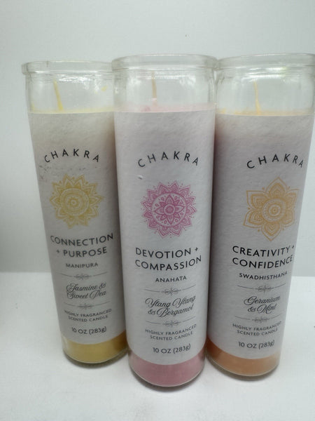 (3) Chakra Pillar Candles Creativity Confidence Compassion Devotion Connection