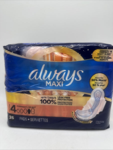 Always Maxi Pads Wings # 4 Overnight 26 Pads Pack Leakguard 10Hr COMBINESHIP