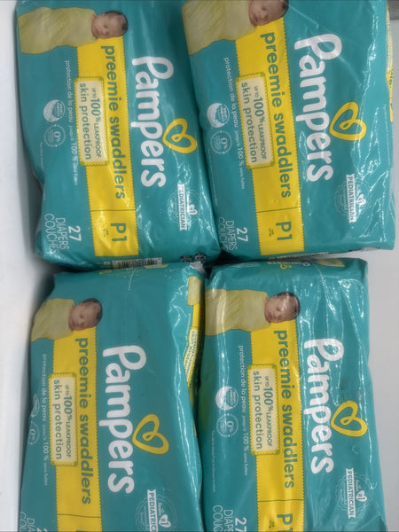 (4) Pampers Swaddlers P1 6lb Preemie Diapers W/ Leak Protection 27c 108ttl
