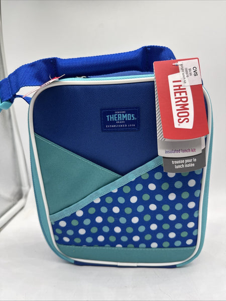 THERMO INSULATED LUNCH KIT Upright Box Bag Blue Polkadot Hot Cold Travel Zipper