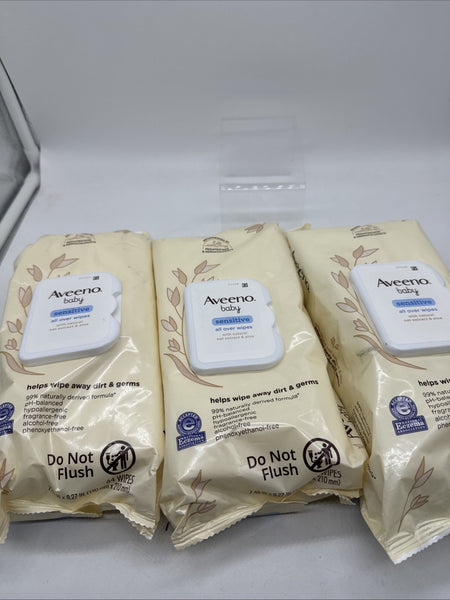 (3) Aveeno Baby Sensitive All Over Wipes Fragrance-Free: 64 Wipes Each 7.5x8.27"