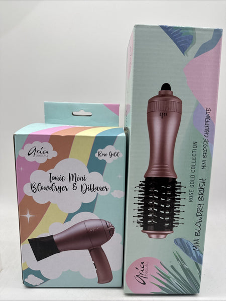 (2) Aria Blow Dryer & Mini Blowdry Brush Gift Set Rose Gold Adjustable Curl Iron
