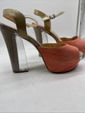 Gianni Bini coral textured ankle strap sandals clear lucite block heel 9-9.5