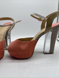 Gianni Bini coral textured ankle strap sandals clear lucite block heel 9-9.5