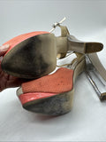 Gianni Bini coral textured ankle strap sandals clear lucite block heel 9-9.5