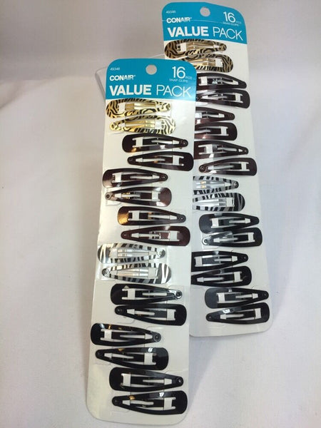 (2) Conair Value Pack Snap Clips Barrettes Secure Hold 16ct Black Animal Zebra