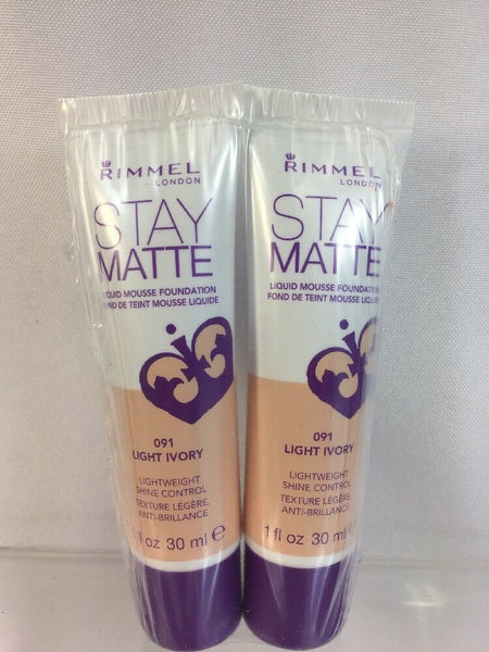 (2) Rimmel 091 Light Ivory Stay Matte Foundation Lightweight Shine Control 1oz