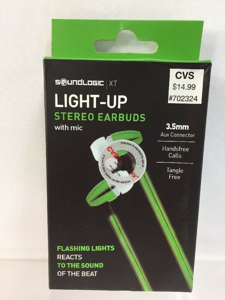 Soundlogic XT Green headphones  w/mic light-up earbuds Cord Flashes To Beat