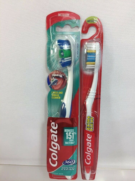 (2) Colgate Medium 360 Toothbrush w/ Tongue & Cheek Cleaner + 1x Extra Clean