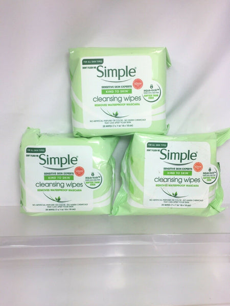 (3) Simple Sensitive Cleansing Wipes Make Up Removes Waterproof 25ct