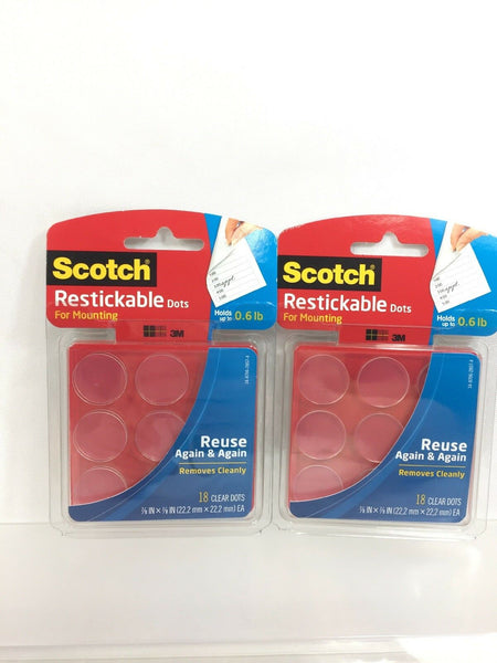 (2) Scotch Restickable Mounting Dots Clear Removable Double Side 7/8” 18ct 36ttl