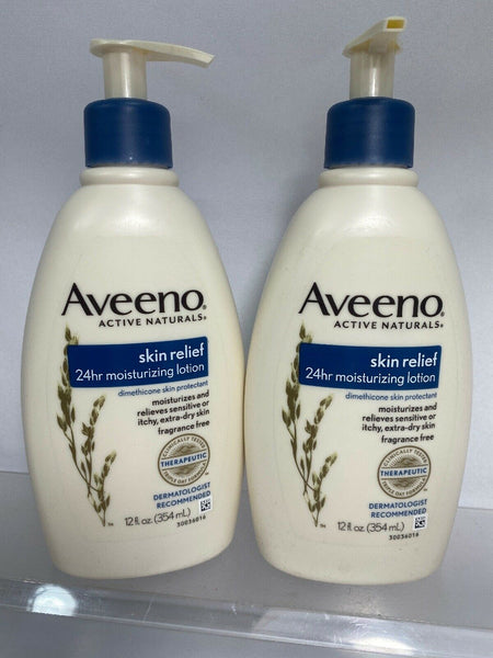 (2) Aveeno Active Natural Skin Relief 24hr Moisturize Lotion Fragrance Free 12oz