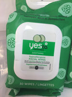 Yes to Cucumber Soothing Facial Wipes Towelette Remove Makeup 30each