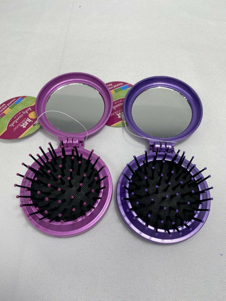 (2) Folding Travel Brush With Mirror Round Pink Purple Hair Pocket Purse On Go