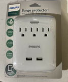 Philips 3-Outlet Surge Protector Tap 2-USB Charging Port White Phone Power Strip