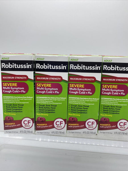 (4) Robitussin Adult CF Max Cough Cold + Flu Multi-Symptom Severe 4oz 8/21