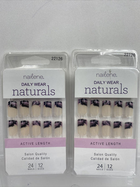(2) Nailene Daily Wear Naturals Active Length Glue On 24 Nails Black Pink French