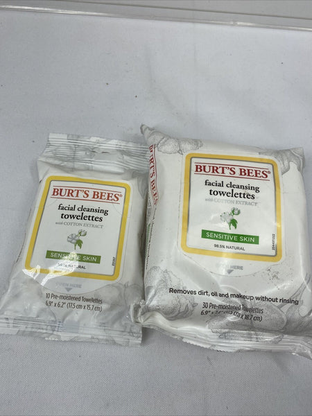 (2) Burt's Bees Sensitive Facial Cleansing Towelettes 30+10 Pre-Moistened Wipes