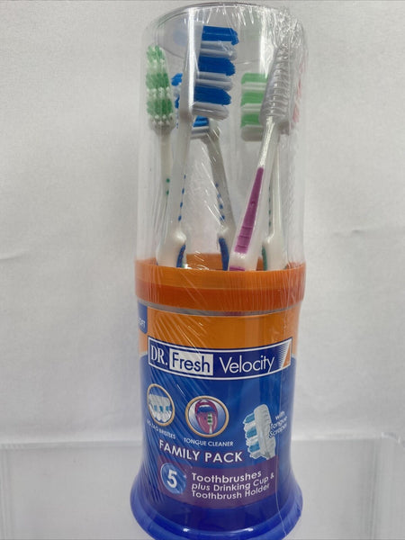 Dr. Fresh Velocity Soft Family Pack Zigzag Toothbrushes 5pk Holder Drink Cup