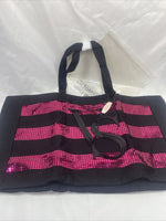 VICTORIA SECRET Tote Black Pink Sequins Stripe Weekender overnight bag Zipper