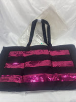 VICTORIA SECRET Tote Black Pink Sequins Stripe Weekender overnight bag Zipper