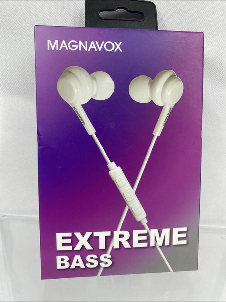 MAGNAVOX White MHP4857-Wh In-Ear Silicon Earbuds Extreme Bass Mic Answer Play