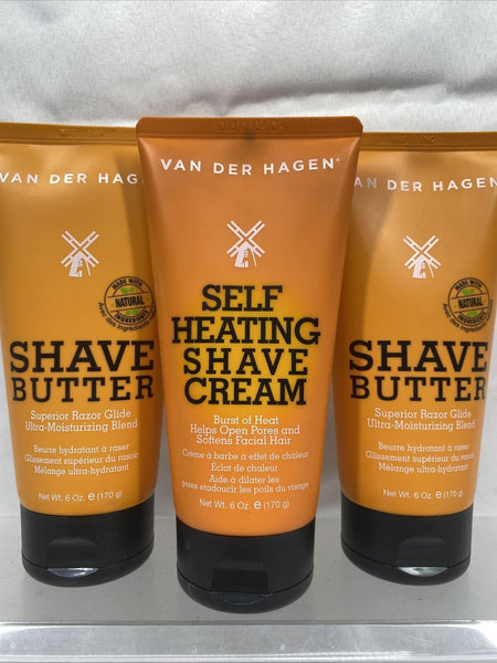 (3) Van Der Hagen Self Heating Shave Creme & butter Razor Burn Soft Stubble 6oz