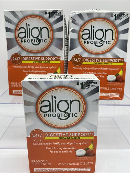 (3) Align Probiotic Supplement Digestive Support Banana Strawberry 24 Ct