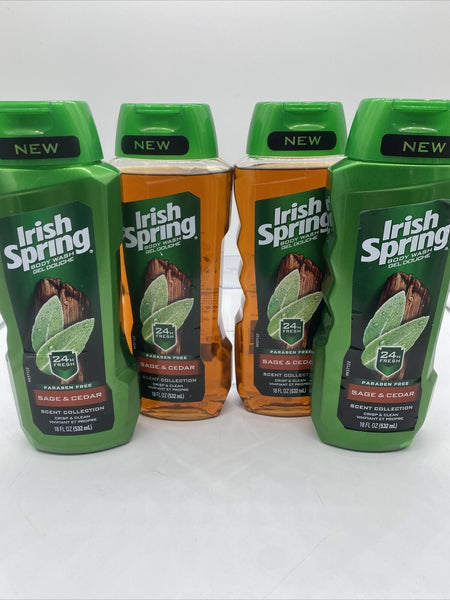 (4) Irish Spring Sage & Cedar  Men’s Crisp Clean  Body Wash  Shower Gel 18 OZ