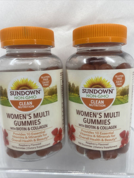 (2) Sundown Women's Multi Gummies 150 Count Biotin & Collagen Raspberry 7/22