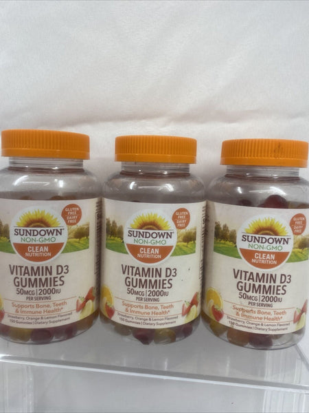 (3) Sundown Vitamin D3 Gummies 150 ct 50 mcg 2000 IU serving Non-GMO 7/22