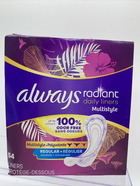 Always REGULAR radiant daily liners Multi style  UNSCENTED 54 count