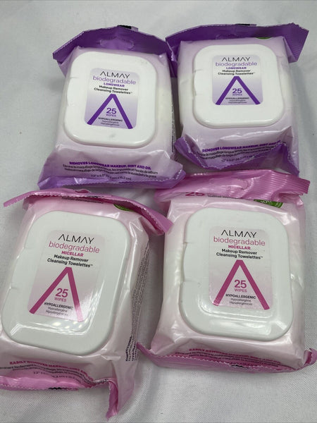 (4) Almay Longwear Micellar Makeup Remover Cleansing Towelette 25ea biodegrade