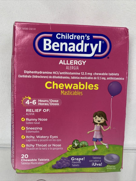 Benadryl Allergy Children's Chewable Tablets Sneezing￼ Itch Grape 20 Ct 6/23