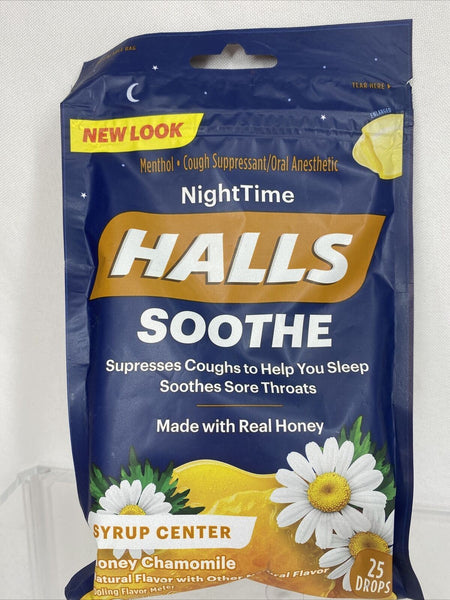 Halls Cough Drops Honey Chamomile Night Time SOOTHE 25 Drops Syrup Cente12/20/21