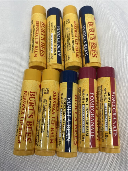 (9) Burt's Bees Beeswax Lip Balm Vitamin E Peppermint Pomegranate vanilla bean￼