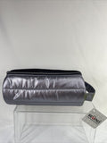 scunci Accessory Bag Round Quilted Silver Zippered Handle Makeup Brush Oval