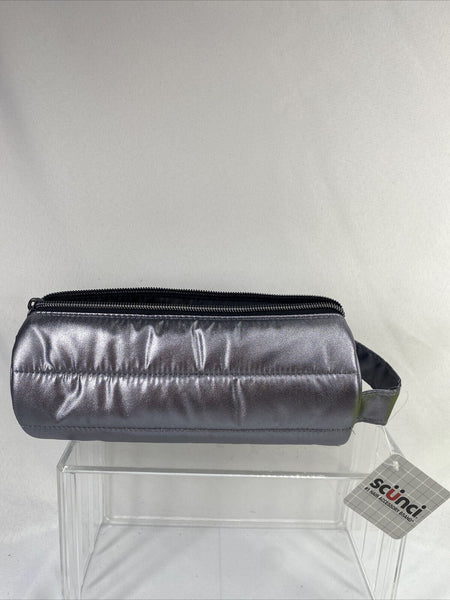 scunci Accessory Bag Round Quilted Silver Zippered Handle Makeup Brush Oval
