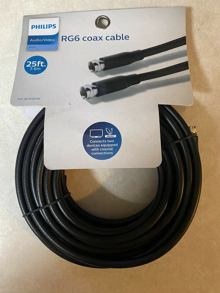 PHILIPS RG6 Coaxial Cable 25 Ft Audio/Video Antenna Satellite F Screw On Quality