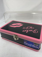 Pucker Up Latching Tin  MakeUp Case Train Black Pink Art Pencil 8.5x5x2.5”