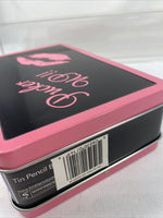 Pucker Up Latching Tin  MakeUp Case Train Black Pink Art Pencil 8.5x5x2.5”